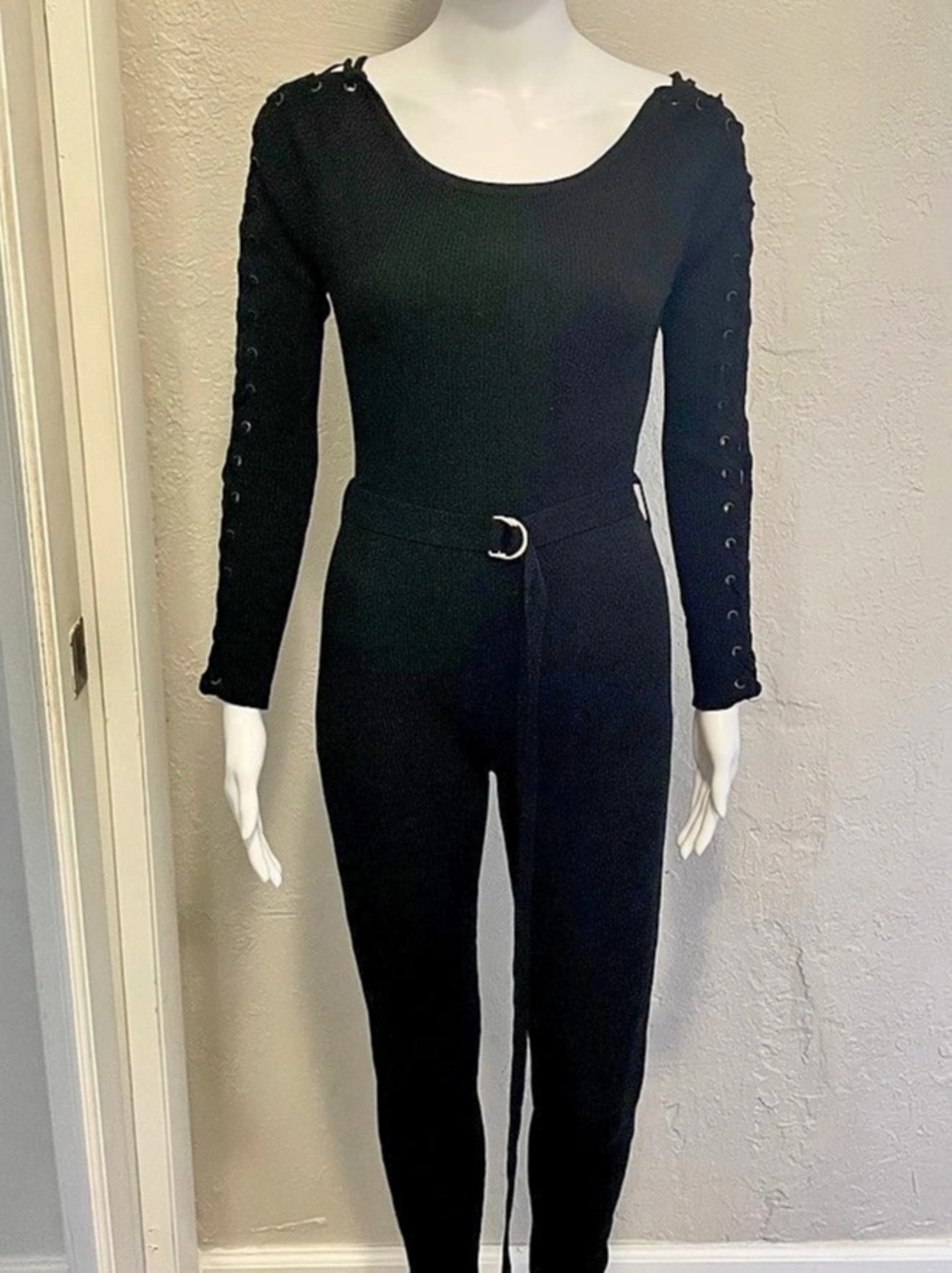 Fashion Nova Black Lace-Up Sleeve Jumpsuit